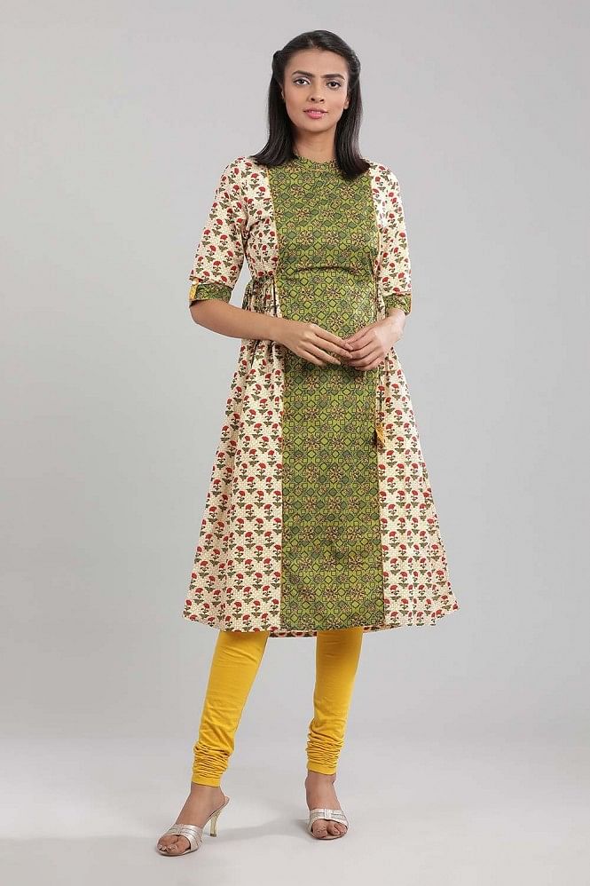 Cream &amp; Green Floral Print kurta