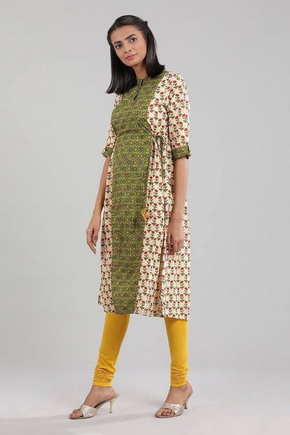 Cream &amp; Green Floral Print kurta