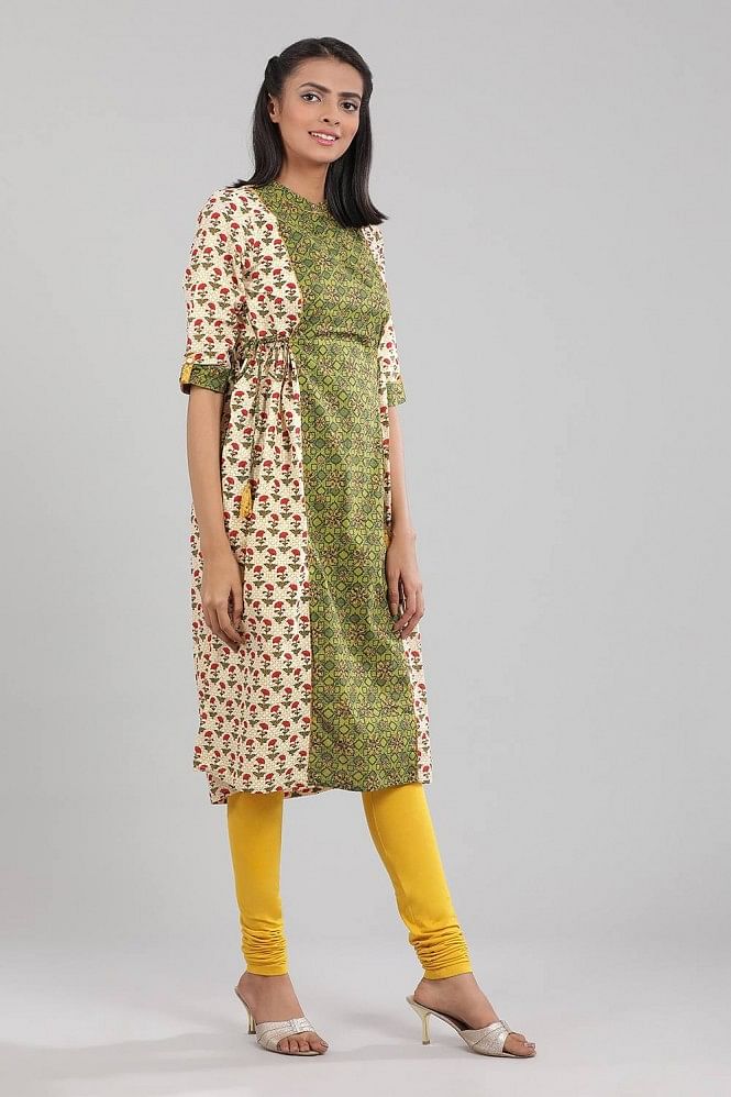 Cream &amp; Green Floral Print kurta