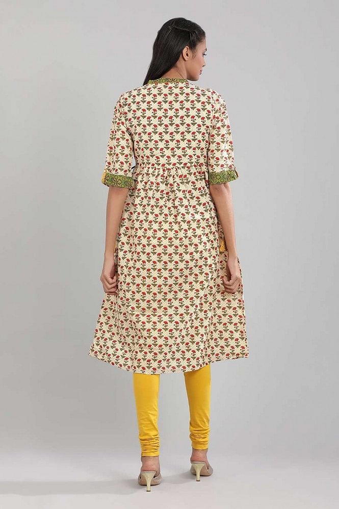 Cream &amp; Green Floral Print kurta