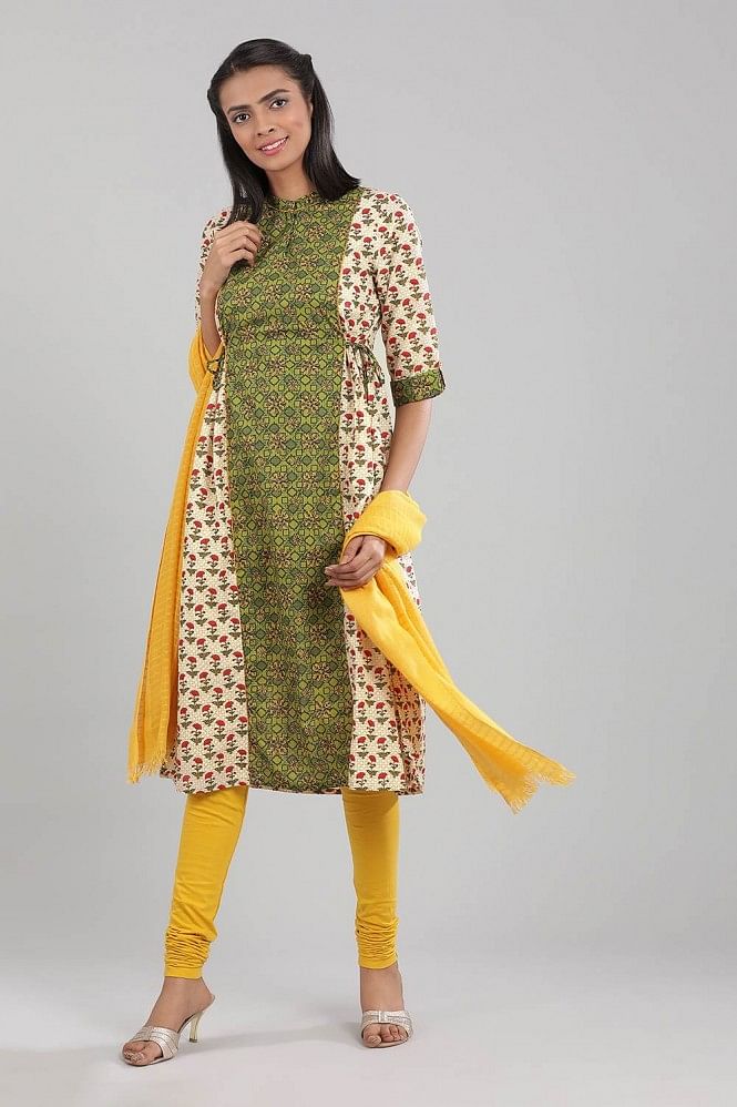 Cream &amp; Green Floral Print kurta