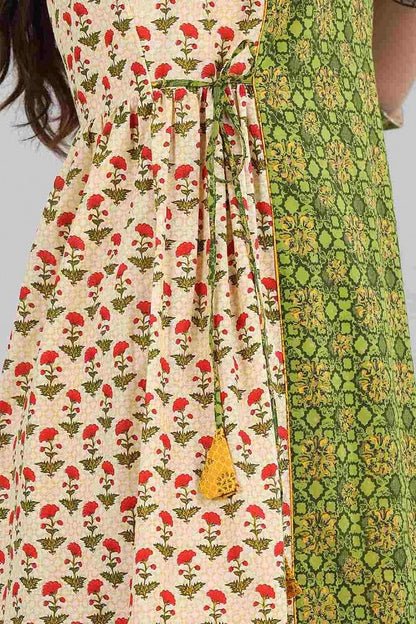 Cream &amp; Green Floral Print kurta