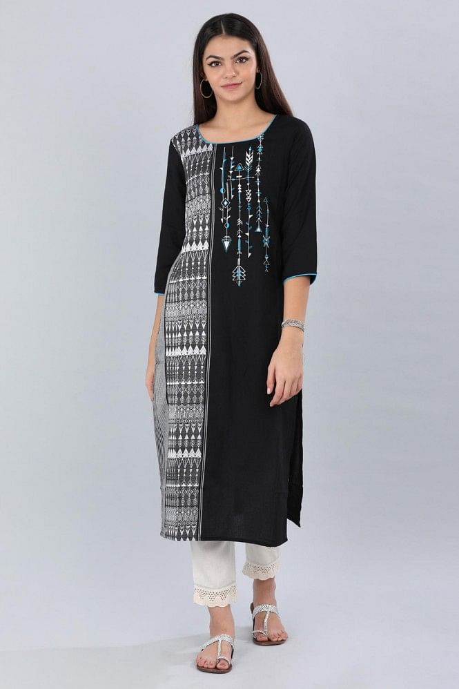 Black Round Neck Printed kurta