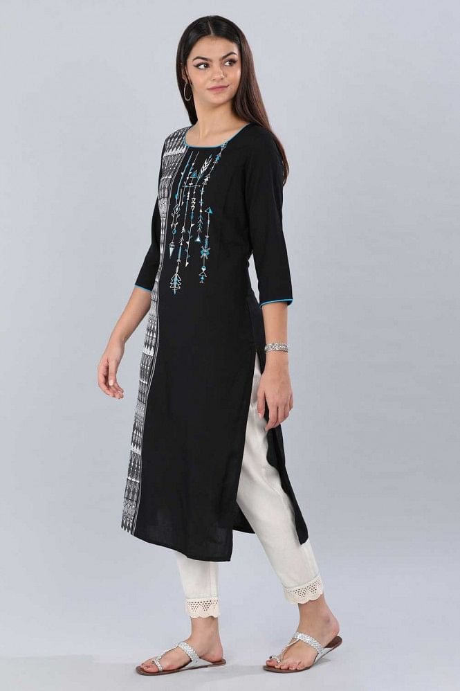 Black Round Neck Printed kurta