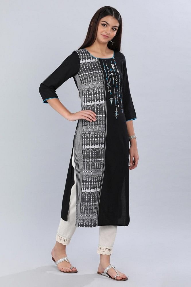 Black Round Neck Printed kurta