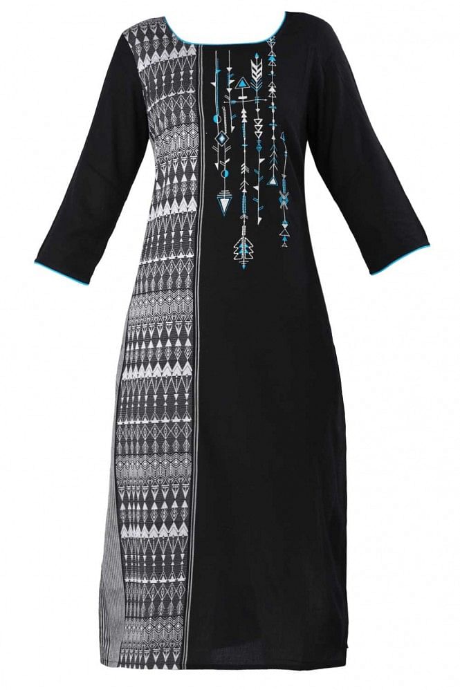 Black Round Neck Printed kurta