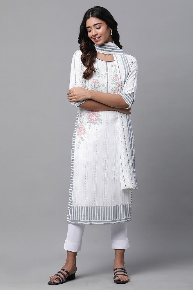 White Printed Casual Kurta